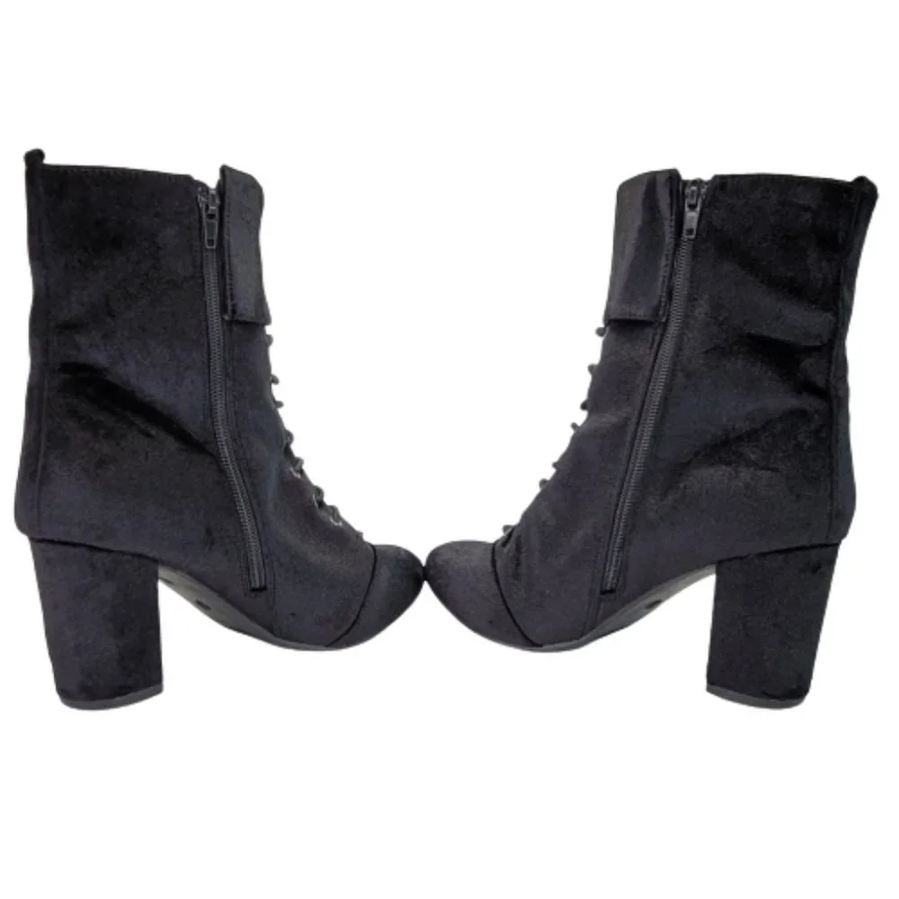 Diba Sz 8.5 Velveteen Cuffed Goth Buckle Lace Up Zip High Heel Ankle Boot Shoes